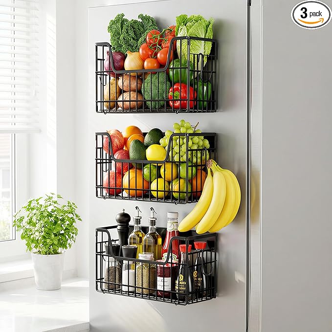 3PCS Magnetic Shelves for Fridge, Strong Metal Magnetic Fruit Vegetable Basket Kitchen Storage Fridge Organizer for Potato & Onion, Fully Assemble