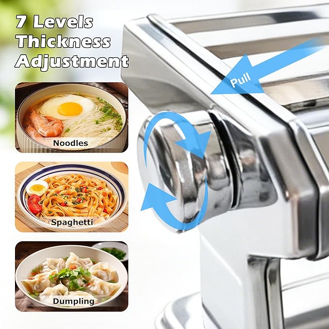 Pasta Maker Machine With 7 Adjustable Thickness Settings, Stainless Steel Manual Noodle Maker,Pasta Roller& Cutters With Removable Handle and Clamp For Kitchen （All-in-One ）