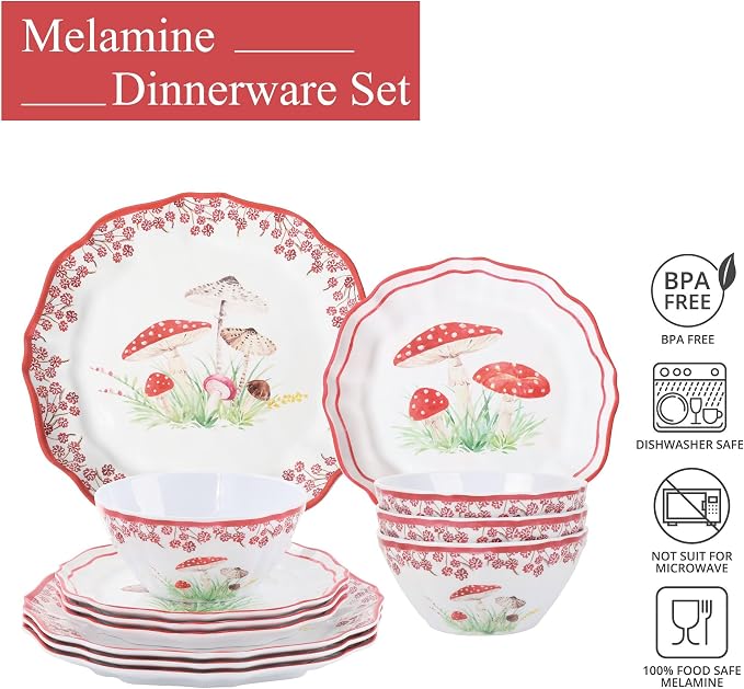 UPware 12 Piece Mushroom Melamine Dinnerware Sets, Outdoor Dishes Set, Plates and Bowls Sets, Service for 4, Red
