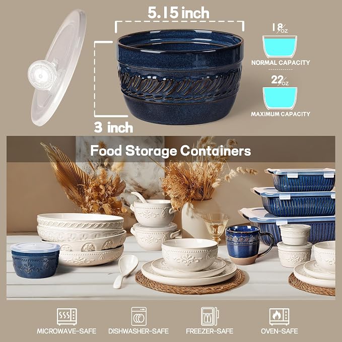 Artena Meal Prep Containers 22 OZ, 4 Pack Snack Containers, Reusable Food Storage Containers With Lids For Soup Yogurt Oatmeal Lunch Breakfast, Ceramic Cereal Bowls (Blue, Willow Leaf)