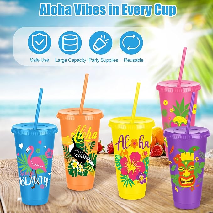Kochorie 24 Pieces Hawaiian Plastic Cups with Lids and Straws 24 oz Reusable Party Cups Tumblers Bulk Iced Coffee Drinking Cups Water Bottle Travel Mug for Birthday