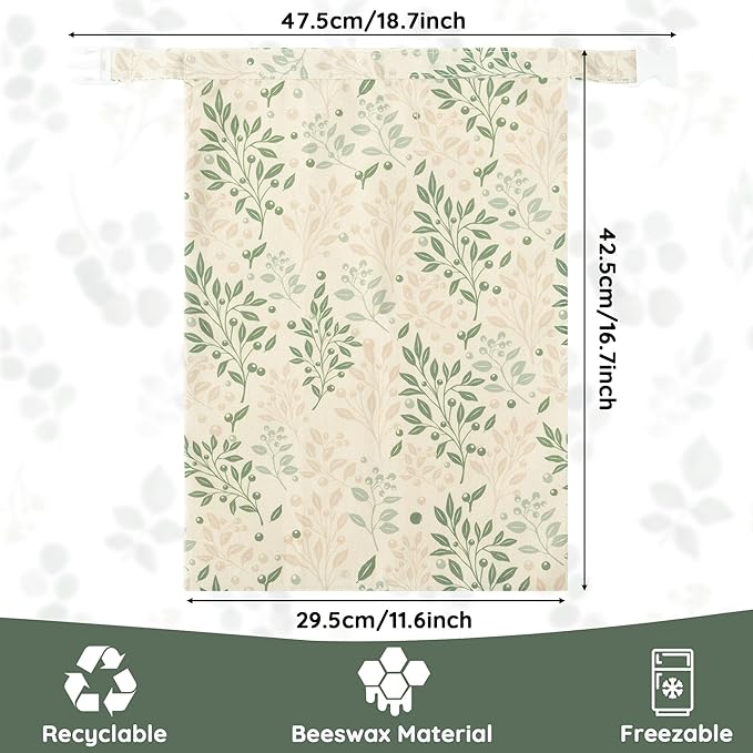 Reusable Beeswax Bread Bags - 2 Pack Bees Wax Food Bag, Homemade Sourdough Bread Storage, 2-in-1 Linen Cotton Large Freezer Container Home Baking Accessories with Lining (Green Leaf)