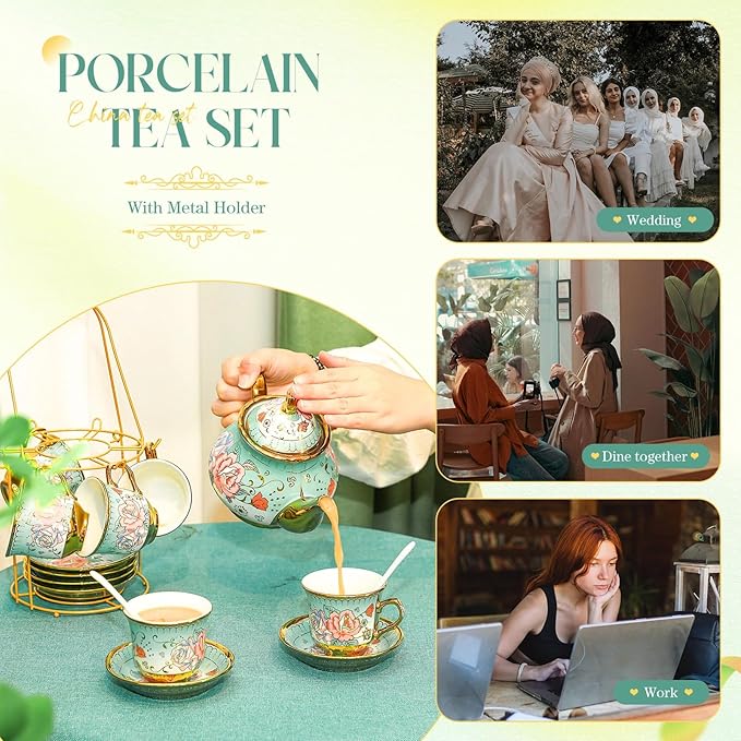 20 Pcs Porcelain Tea Set for Adults with Metal Holder and Spoon European Ceramic Tea Party Set Flower Painting Teapot Cup Saucer for Women Gift, Serving 6 People(Modern)