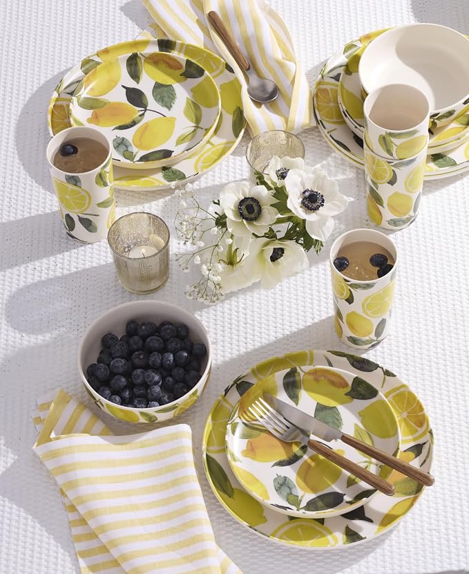 Oneida 24 Seven Melamine Collection, Dishwasher Safe Melamine Dinnerware and Drinkware, Lemon Pattern, Dinnerware Set, 12-Piece