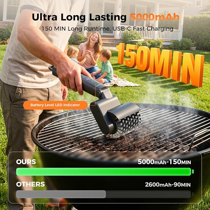 Electric Grill Brush for Outdoor Grill - Cordless Rechargeable 5000mAh BBQ Cleaner with 3 Speed & 3 Brush Heads Adjustable Angle High-Torque Power Rotary Grill Cleaning Brush Safe for All Grill Type