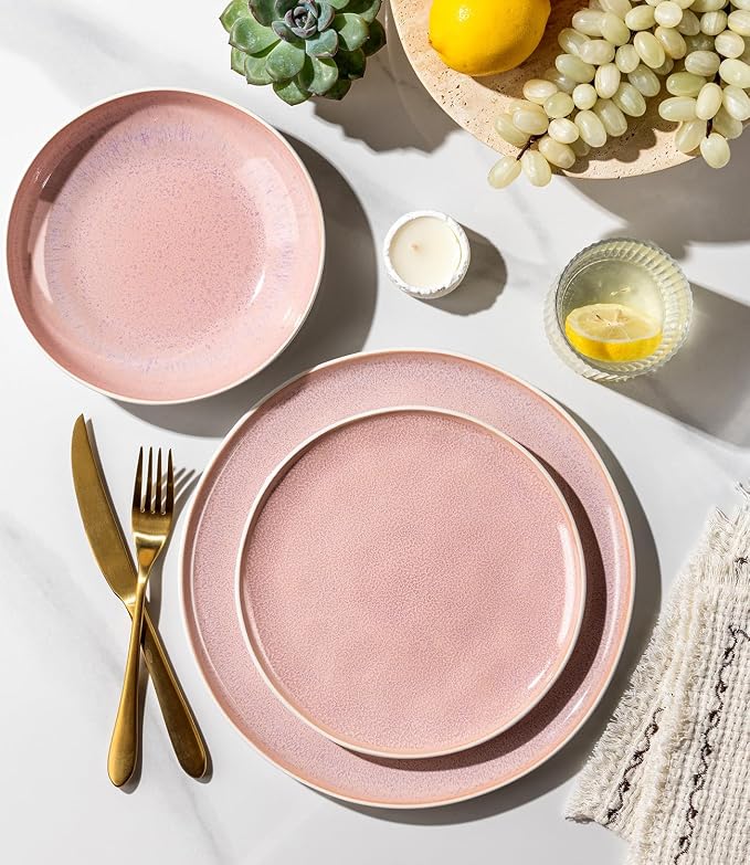 GBHOME Stoneware Dinnerware Sets for 6, 18 Pieces Rustic Ceramic Plates and Bowls Set, Handmade Reactive Glaze Plate Sets, Highly Chip Resistant Dishes, Microwave & Dishwasher Safe, Pink