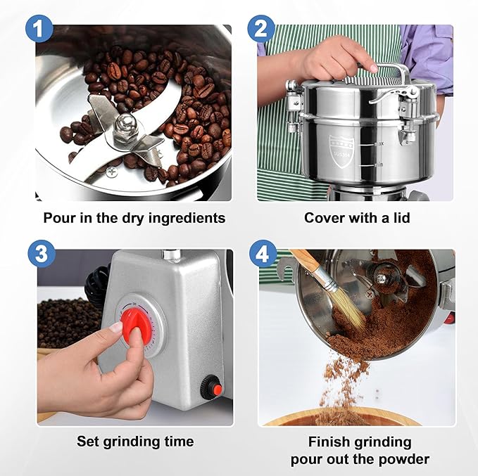 750g Electric Grain Mill Grinder, 304 Stainless Steel Flour Mill, 2800W High Speed Spice Grinder, Electric Grain Mill for Dry Wheat, Oats, Corn, Pepper and Coffee Beans