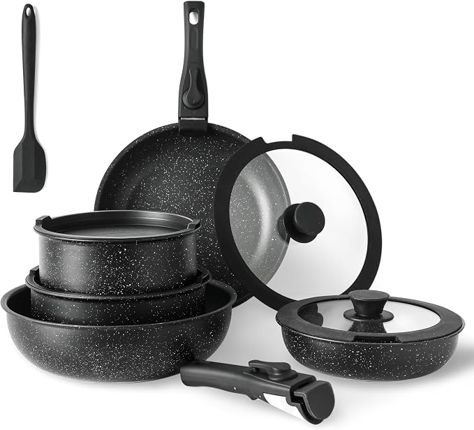 HealSmart 12 Pcs Cookware Set, Granite Non Stick Pots & Pans with Removable Handles, High Heat Resistant Oven Safe Cooking Kit, PFAS & PFOA Free Kitchen Cooking Ware, Black
