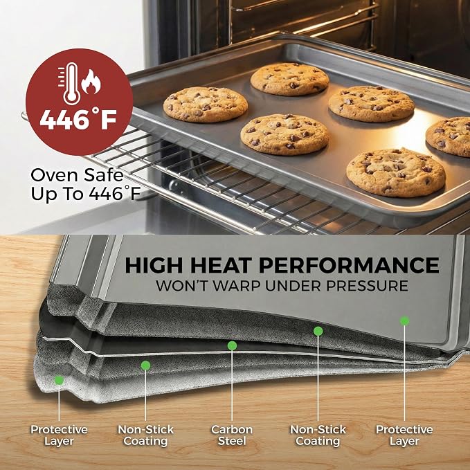 PERLLI Non-Stick 10-Piece Bakeware Set – Carbon Steel with Even Heat Distribution, Oven Safe to 446°F, BPA-Free, Dishwasher Safe, Stackable Baking Tools for Easy Storage and Everyday Cooking - Gray