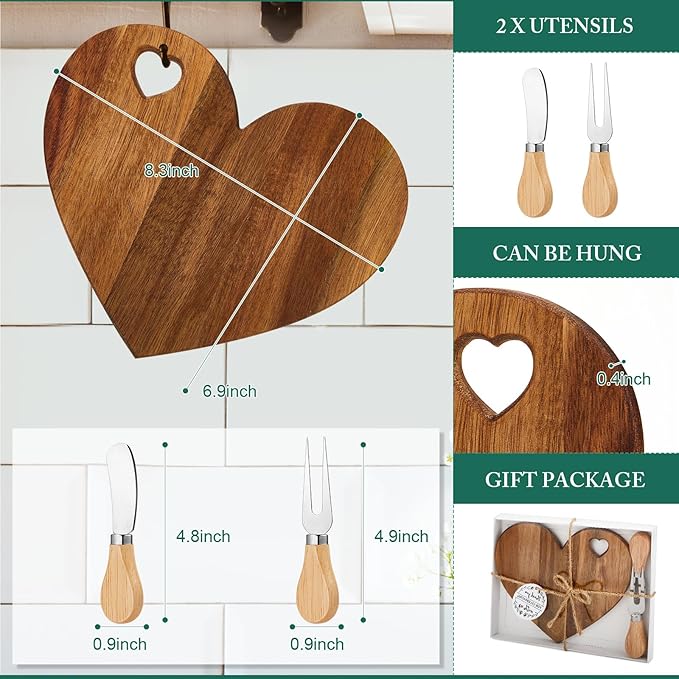 Patelai 4 Set Bridal Baby Shower Favor Heart Cheese Board with Knife, Wood Mini Charcuterie Board Thank You Gift Box for Guest Bridal Baby Shower Prize Wedding Valentines Birthday (Acacia Color)