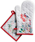 Maison d' Hermine 100% Cotton Oven Mitt & Pot Holder Set (7.5"x13" & 8"x8") Heat Resistant BBQ Cooking Gloves with Loop for Thanksgiving Christmas Decorations Handling Hot Pans (Morzine)