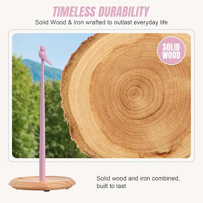 Wooden Paper Towel Holder countertop, Stylish Bird Shaped,Solid Wood Base&Iron Top, with Non-Slip Mat, Stable&Durable,Paper Towel Holder Farmhouse Style to Elevate Your Kitchen's Décor (Pink)