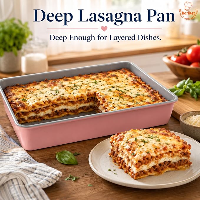 9x13 Inch Baking Pan 2 Pack, Heavy Duty Carbon Steel Lasagna Pan, 2.5 Inch Deep Nonstick Rectangular Cake Pans for Brownies, Casserole & Roasting, Pink Exterior with Gray Interior