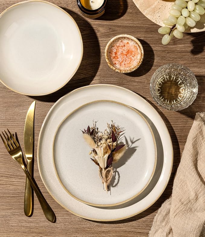GBHOME Stoneware Dinnerware Sets for 6, 18 Pieces Rustic Earthenware Plates and Bowls Set, Handmade Reactive Glaze Ceramic Plate Sets, Chip Resistant Dishes, Microwave & Dishwasher Safe, Vanilla Cream