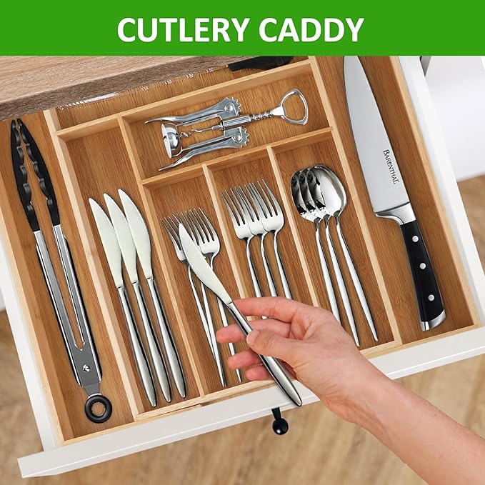 large Expandable Silverware Drawer Organizer - Bamboo Kitchen Organizers and Storage, Adjustable Silverware Organizer, Utensil Drawer Organizer for Kitchen Organization (6-8 Slots)