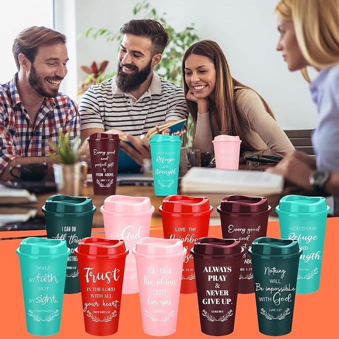 Skylety 40 Pack Bulk Christian Gifts for Men Women 16oz Reusable Bible Verse Tumbler Plastic Coffee Cup with Lid Inspirational Religious Church Gift for Teacher Graduation Party Favor (Bright Color)