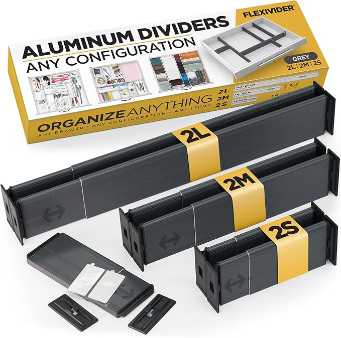 Practical Comfort Custom Drawer Organizer 6 Adjustable Aluminum Dividers, Gray – For Kitchen, Bathroom, Office, and More