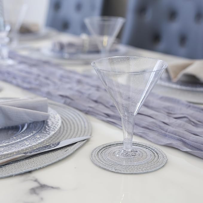 MATANA 48 Silver Gitter Plastic Martini Cocktail Glasses 7 oz - Elegant & Reusable - Manhattan, Margarita, Cosmopolitan, Desserts - Weddings, Birthdays, Parties