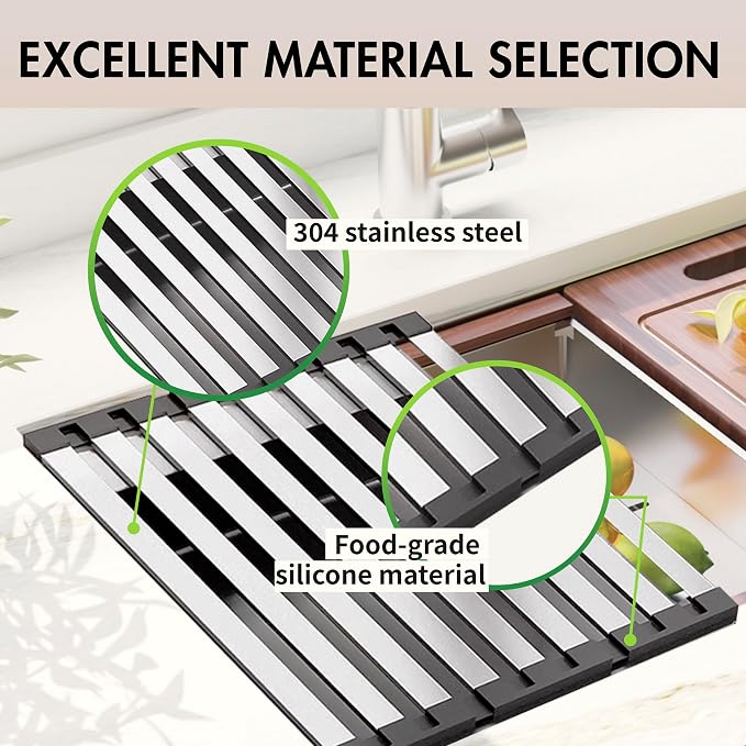 Over the Sink Kitchen Dish Drying Rack Organizer - Stainless Steel Collapsible Non-Slip Space-Saving [23.26 * 12.8IN] - Rust-Resistant Heat-Resistant Sturdy - Easy to Clean