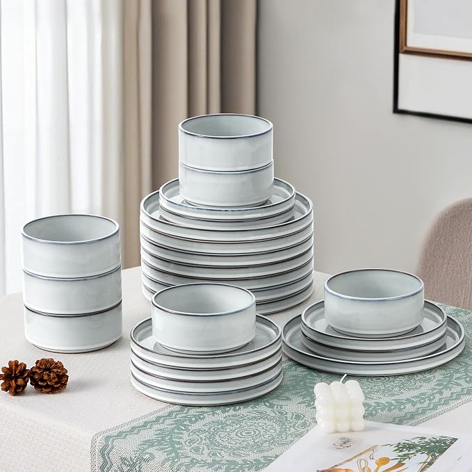 LIANYU 18 Piece Dinnerware Sets for 6, Stoneware Dinner Plates and Bowls Set, Dishware Dish for Home Kitchen Dining, Rustic Terracotta Bottom, Dishwasher & Microwave Safe, Lucent White