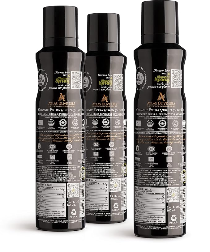 Olive Oil Spray by Atlas, Dual Function Olive Oil Cooking Spray and Stream, 5.4 fl oz, 3 Pack, Extra Virgin, Non Stick, Cold Pressed, Polyphenol Rich, Organic Moroccan EVOO, Hydroxytyrosol, Keto