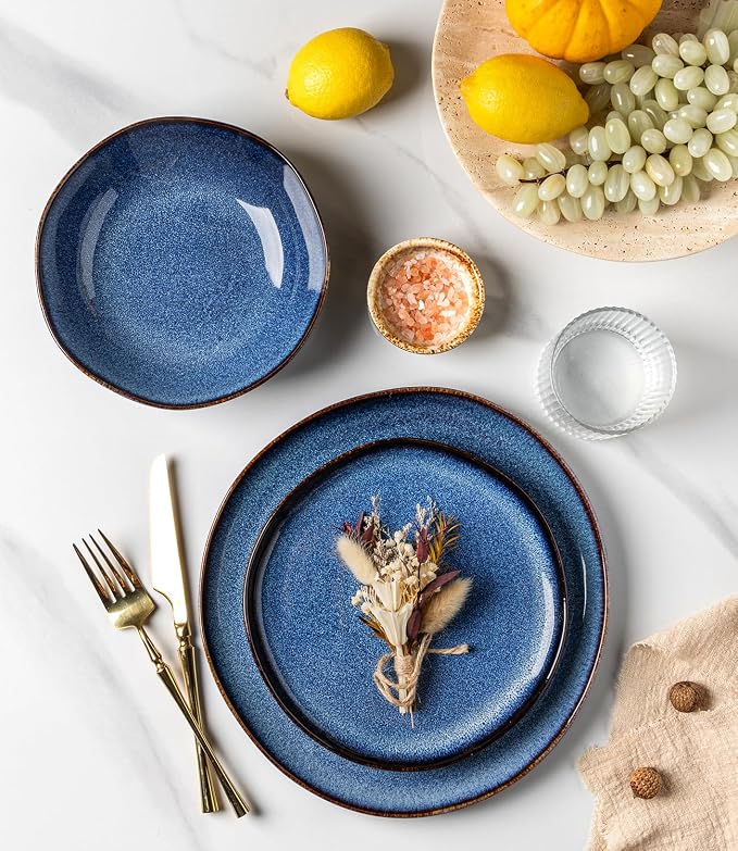 GBHOME Stoneware Dinnerware Sets for 6, 18 Pieces Rustic Earthenware Plates and Bowls Set, Handmade Reactive Glaze Ceramic Plate Sets, Chip Resistant Dishes, Microwave & Dishwasher Safe, Sea Blue