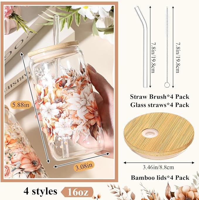 Mumufy 4 Pack Wildflower Glass Cups Gift Aesthetic Cute Glass Cup Tumbler Flower Iced Coffee Mugs 16 oz with Bamboo Lid & Straw, for Wedding Birthday Bridesmaid Mom Baby Shower