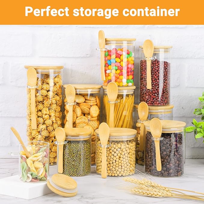 Glass Storage Jars with Airtight Lids - 2 Pack 23 Fl.oz Round Glass Jars with Bamboo Lids and Spoon, Includes Labels and Marker, Pantry Canisters for Sugar, Pasta, Cereal, Tea Container