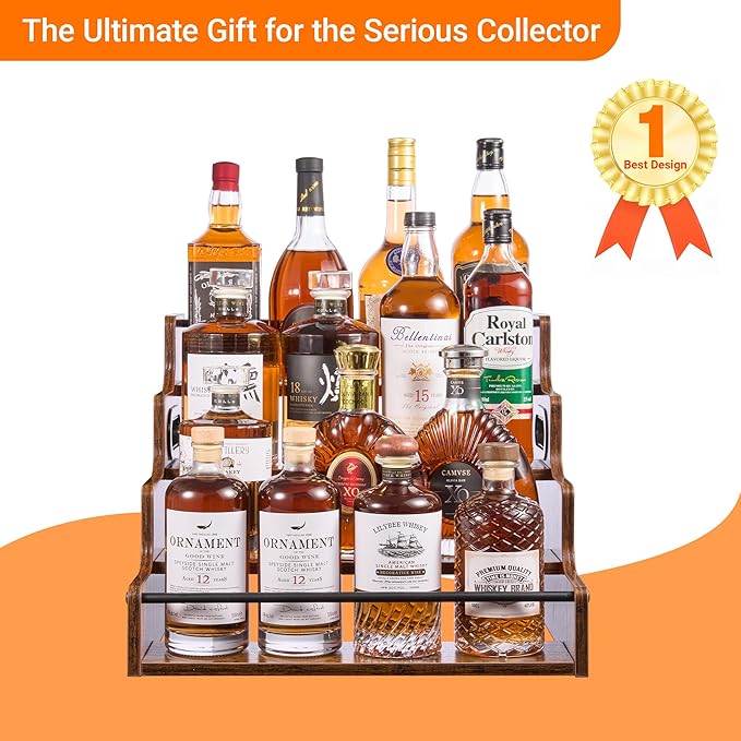 YQBRAO 4-Tier Tiered Liquor Bottle Display Shelf - 16-Inch Rustic Wood Liquor Rack & Coffee Syrup Organizer - Heavy-Duty Countertop Spice Rack with Guardrails & Handles for Bar, Kitchen, Office