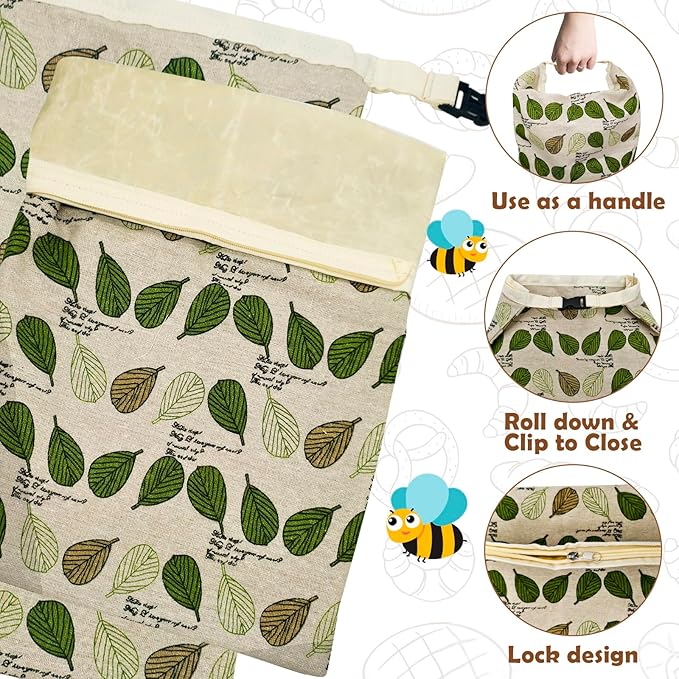Reusable plastic-free beeswax lined - FDA cleared -fabric bread bags, beeswax toast storage pack (2ea),flax ciabatta storage pack, Moisture-proof fabric with zipper and buckle(Green Leaf)