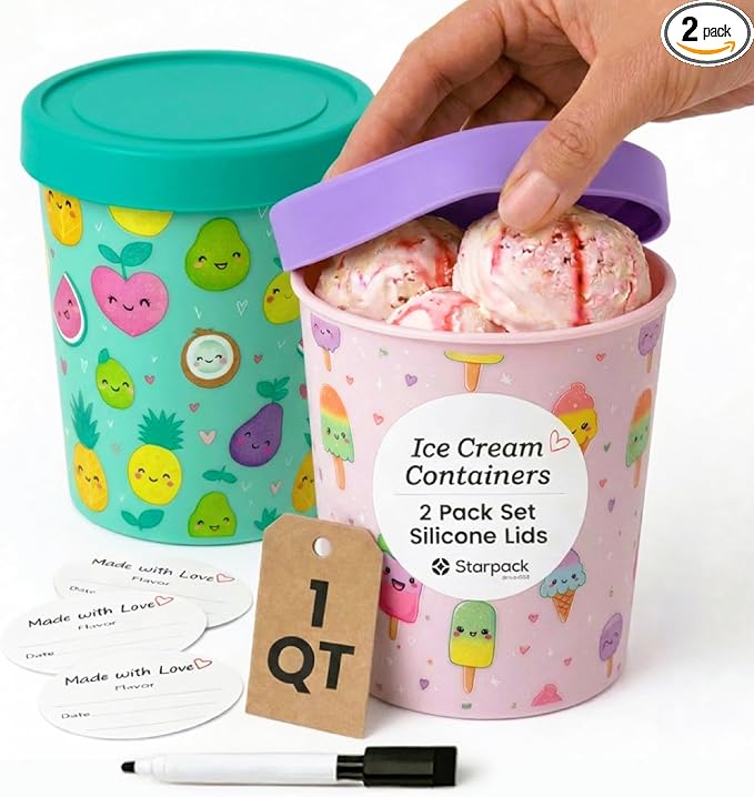 StarPack Freeze The Day Homemade Ice Cream Containers (2-Pack, 1 Quart) - Airtight Silicone Lids, BPA-Free Reusable Ice Cream Freezer Containers with Lids, Stackable, Kawaii Pink & Green