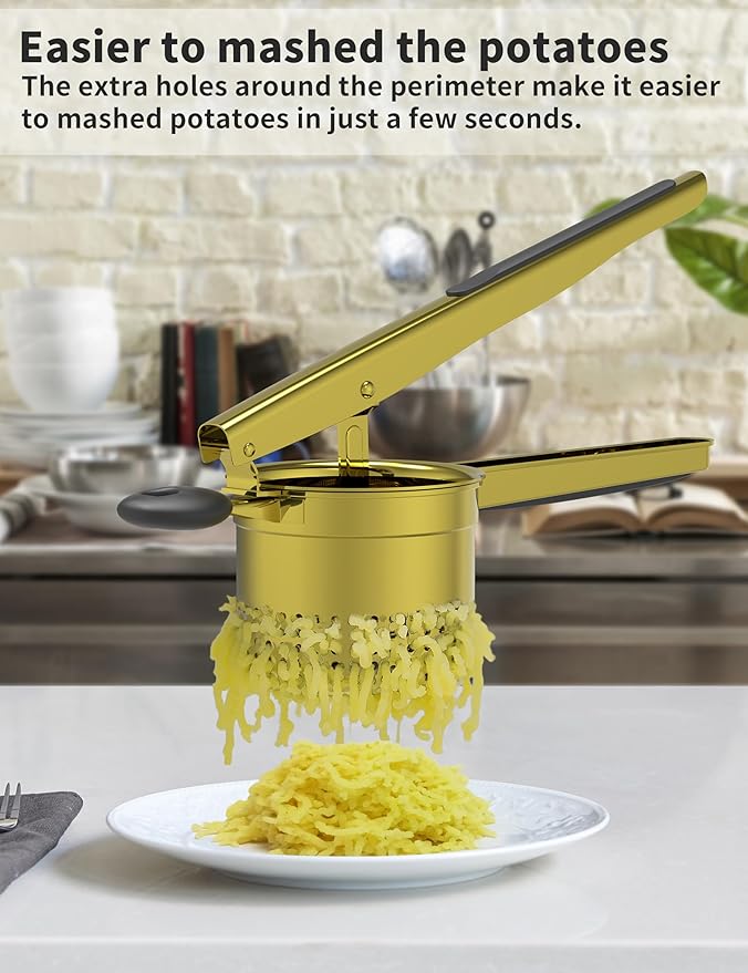 GloTika Large 15oz Potato Ricer, Heavy Duty Stainless Steel Ricer for Mashed Potatoes, Sweet Potato Masher Kitchen Tool with Ergonomic Handle, Press and Mash Kitchen Gadget, Gold