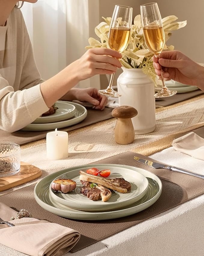 24-Piece Stoneware Dinnerware Sets for 6 with Pasta Bowls – Speckled Glaze with Spiral Design, Coupe Plates and Bowls - Chip & Scratch Resistant, Microwave & Dishwasher Safe, Honey