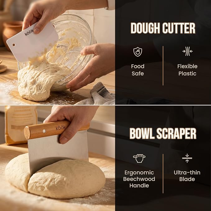Kook Banneton Bread Proofing Set, Artisan Sourdough Bread Making Kit, 9.8 Inch Rattan Baskets and Liners, Metal & Plastic, Scrapers, Scoring Lame & Case, 4 Extra Blades, Set of 2, Oval