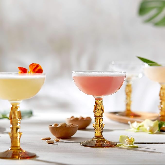 Libbey Tiki Coupe Cocktail Glasses, Vintage Style, Polynesian Inspired Coupe Martini Glasses Set of 4, Tropical Bar Glassware Set for Cocktail Party