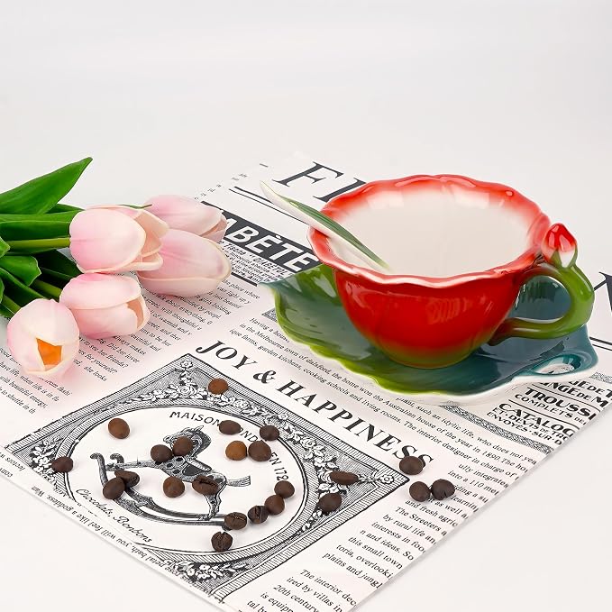 Red Rose Floral Teacup and Saucer Set for Women, 5.6oz Enamel Porcelain Rose Flower Shaped Tea Cup with Spoon