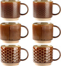 GBhome 12 OZ Stackable Coffee Mugs Set of 6, Ceramic Coffee Cups with Texture Patterns for Man,Woman,Dad,Mom, Modern Coffee Cups for Latte/Cappuccino/Cocoa. Dishwasher&Microwave Safe,Caramel