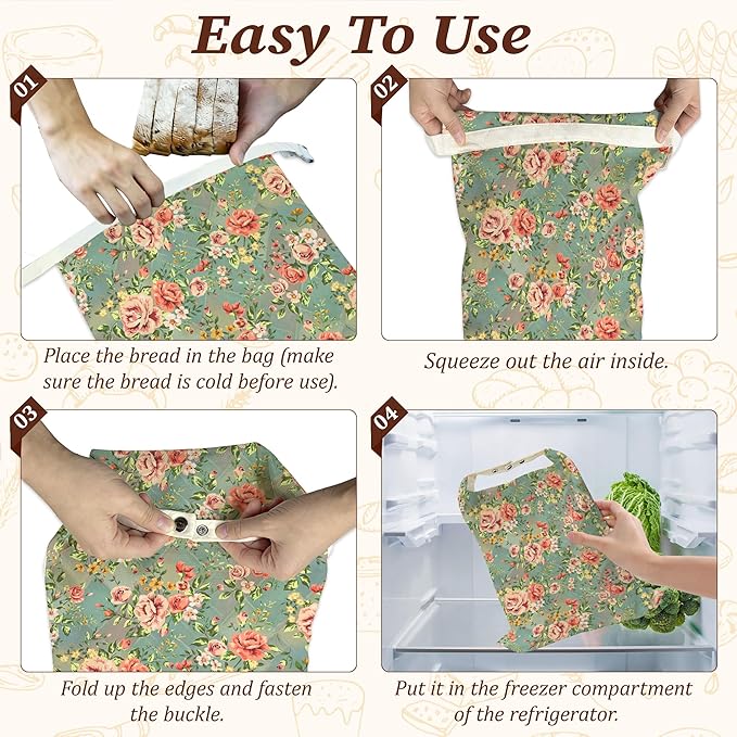 Bread Bags for Homemade Bread, Vintage Floral Rose Flower 2 Pack Linen and Beeswax Sourdough Storage Bags, Reusable Keeper, Keeps Breads Fresh Longer, Gifts for Bakers