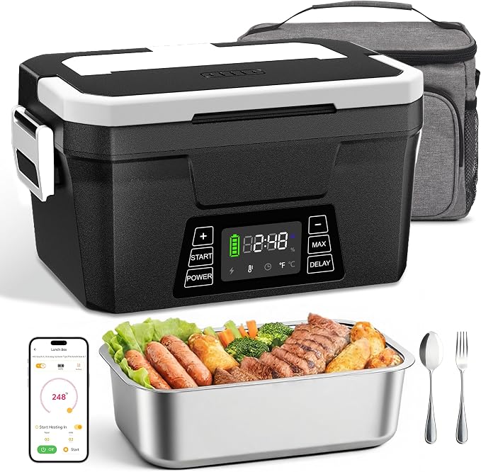 Vabaso Cordless Electric Lunch Box for Adults, App Control Heated Lunch Box with Detachable Battery, 1.2L Self Heating Lunch Box with Timer, Memory & Auto Keep Warm for Work Travel Outdoor