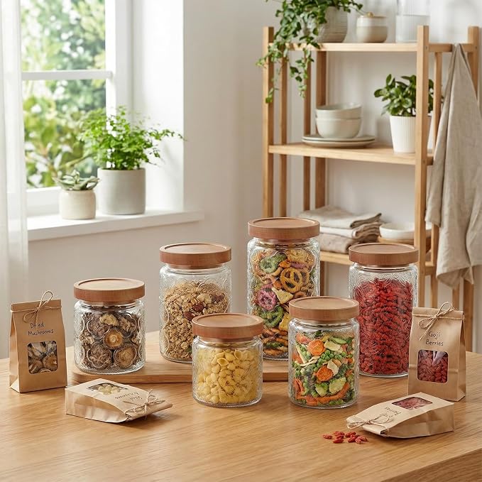 FillTouch 6 Pcs Vintage Glass Jar with Wooden Lid 17/24/34 oz Glass Airtight Food Storage Container with Lid Jar Begonia Sunflower Pattern for Kitchen Sugar Coffee Tea Beans Candy Cookie
