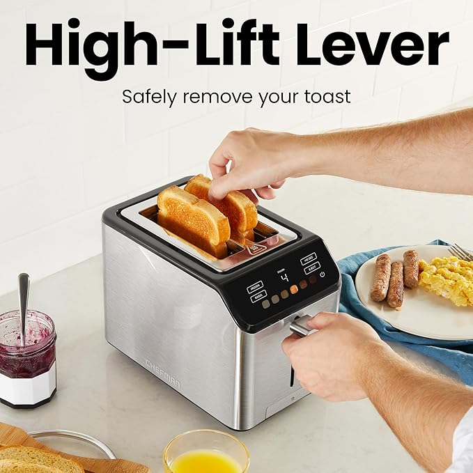 Chefman Smart Touch 2 Slice Digital Toaster, 6 Shade Settings, Touchscreen Controls, Extra-Wide Slots for Thick Breads & Bagels, +10 Seconds, Defrost, Removable Crumb Tray – Stainless Steel