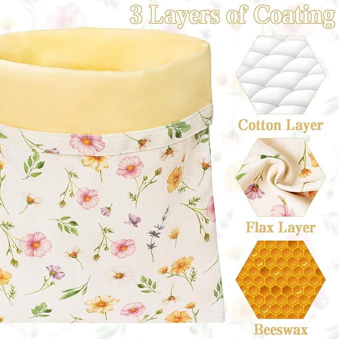 Reusable Beeswax Bread Bags - 2 Pack Bees Wax Food Bag, Homemade Sourdough Bread Storage, 2-in-1 Linen Cotton Large Freezer Container Home Baking Accessories with Lining (Watercolor Flowers)