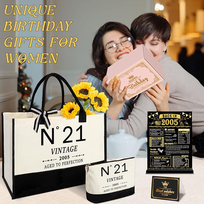 21st Birthday Gift for Her Canvas Tote Bag Travel Gear, Unique 21 Years Old Gifts for Girlfriend Sister Coworker Friends Classmate Women, Vintage N°21 Handbag & Cosmetic Bag & Back in 2005 Poster