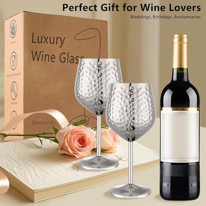 UNISWEET Stainless Steel Wine Glasses Set of 4 Unbreakable (Silver) | 17 oz Large-capacity Hammered Goblets, Lightweight & Reusable, Good for Outdoor, Camping, Pool Travel, Gift for Wine Lovers