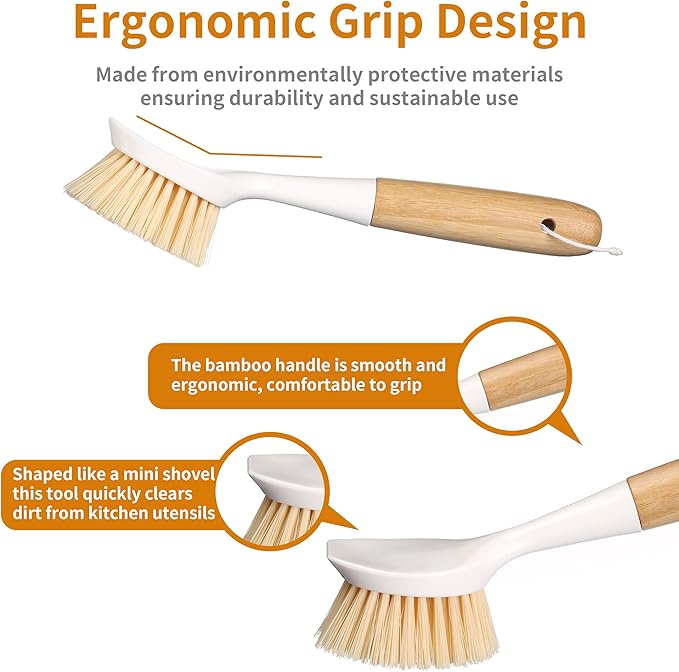 Kitchen Accessories Set, 2 Pack Bamboo Handle Kitchen Dish Brush, Dish Scrubber Built-in Scraper, & Bamboo Cookbook Stand, Wedding Recipe Book Holder