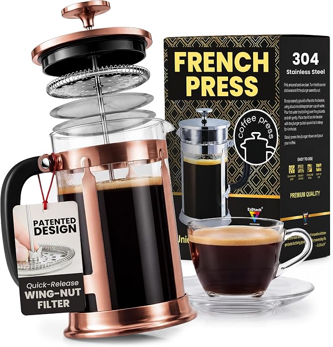EzDtach Glass French Press Coffee Maker 34oz Copper – Double Filter Borosilicate Glass Pot with 304 Stainless Steel Coffee Press and 2 Extra Screen, Easy to Use and Clean Design for Full-Bodied Flavor