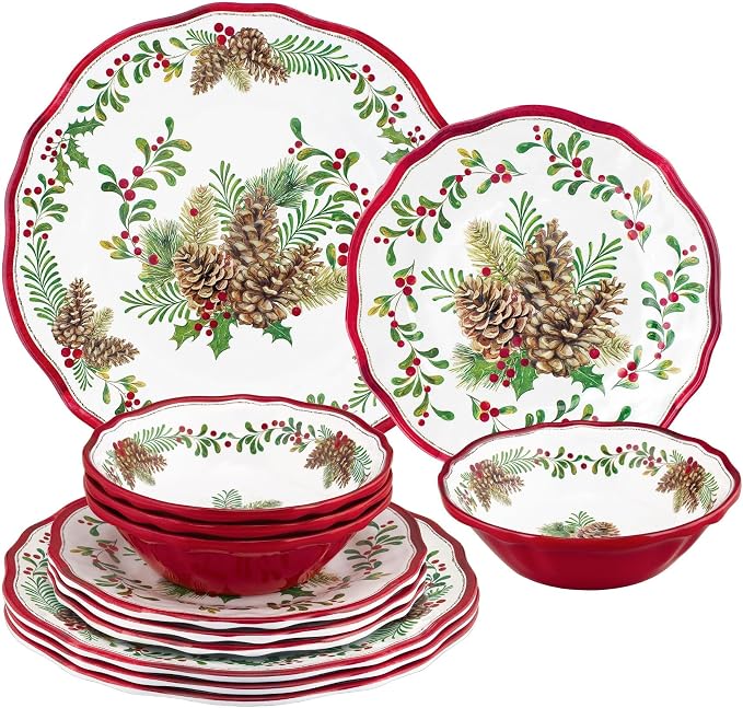 UPware 12 Piece Pinecones Melamine Dinnerware Sets, Outdoor Dishes Set, Plates and Bowls Sets, Christmas Decorations, Service for 4, Red