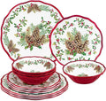 UPware 12 Piece Pinecones Melamine Dinnerware Sets, Outdoor Dishes Set, Plates and Bowls Sets, Christmas Decorations, Service for 4, Red