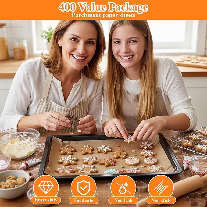 400Pcs Parchment Paper Sheets for Baking 12x16 Inch Non-Stick Precut Baking Half Sheet Parchment Paper Heavy Duty for Grilling Air Fryer Steaming Bread Cup Cake Cookie and More (Unbleached)