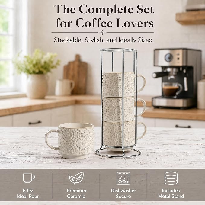 6 Oz Coffee Cups Set of 4, Stackable Espresso Cups with Metal Stand, Ceramic Cappuccino Cup, Embossed Coffee Mugs for Latte, Cocoa, Mocha, Tea, Housewarming Present, Dishwasher Safe
